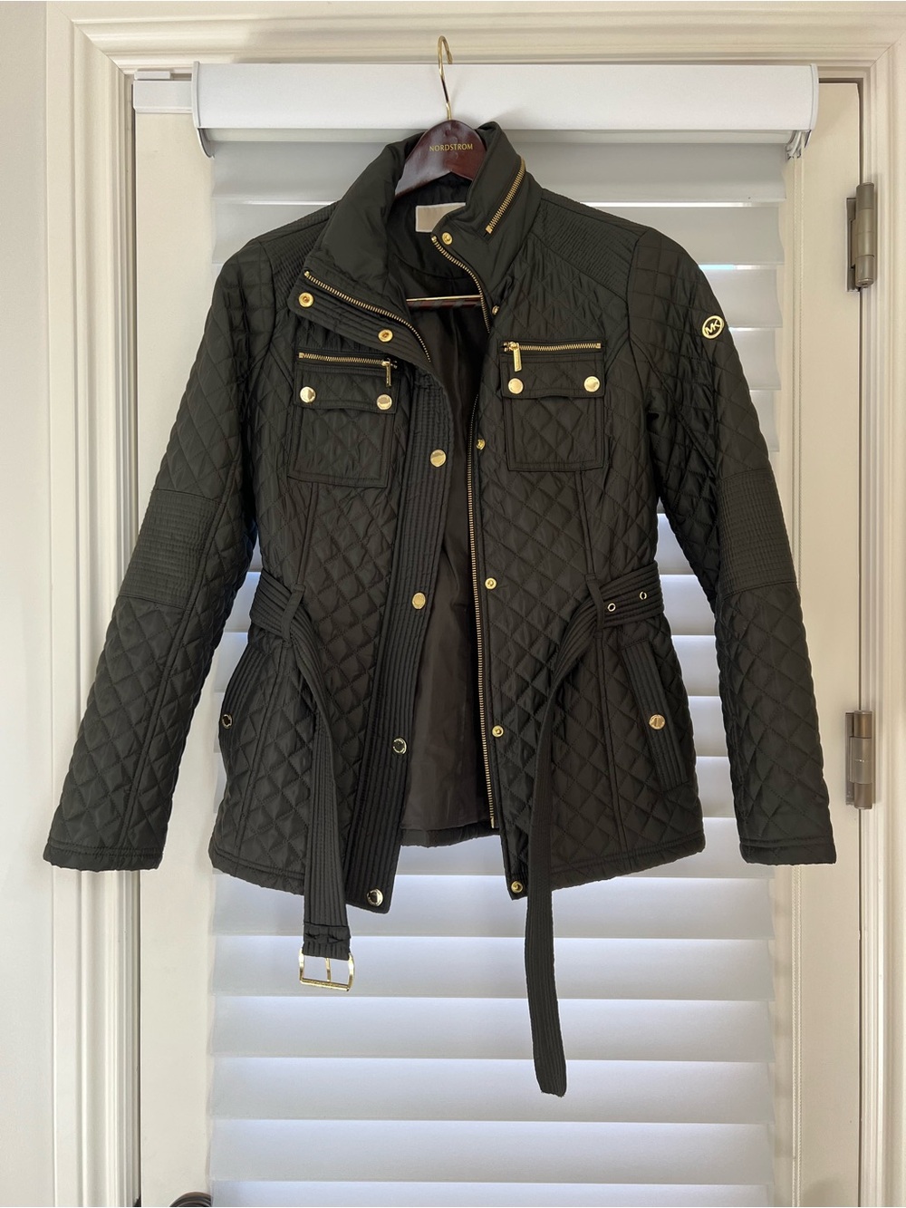 Michael Kors Quilted Army Green Belted Puffer with Gold Hardware